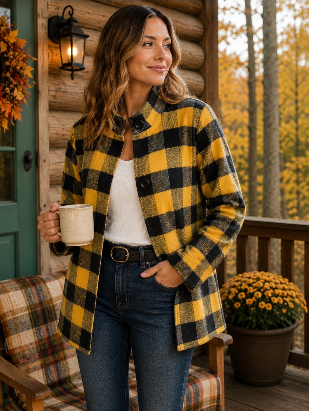 P Luca Milano Buffalo Plaid Cardigan Jacket Yellow Black Mock Neck Sweater M